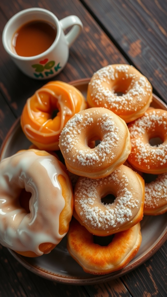 A variety of homemade doughnuts on a plate, some glazed and some powdered, with a cup of coffee.